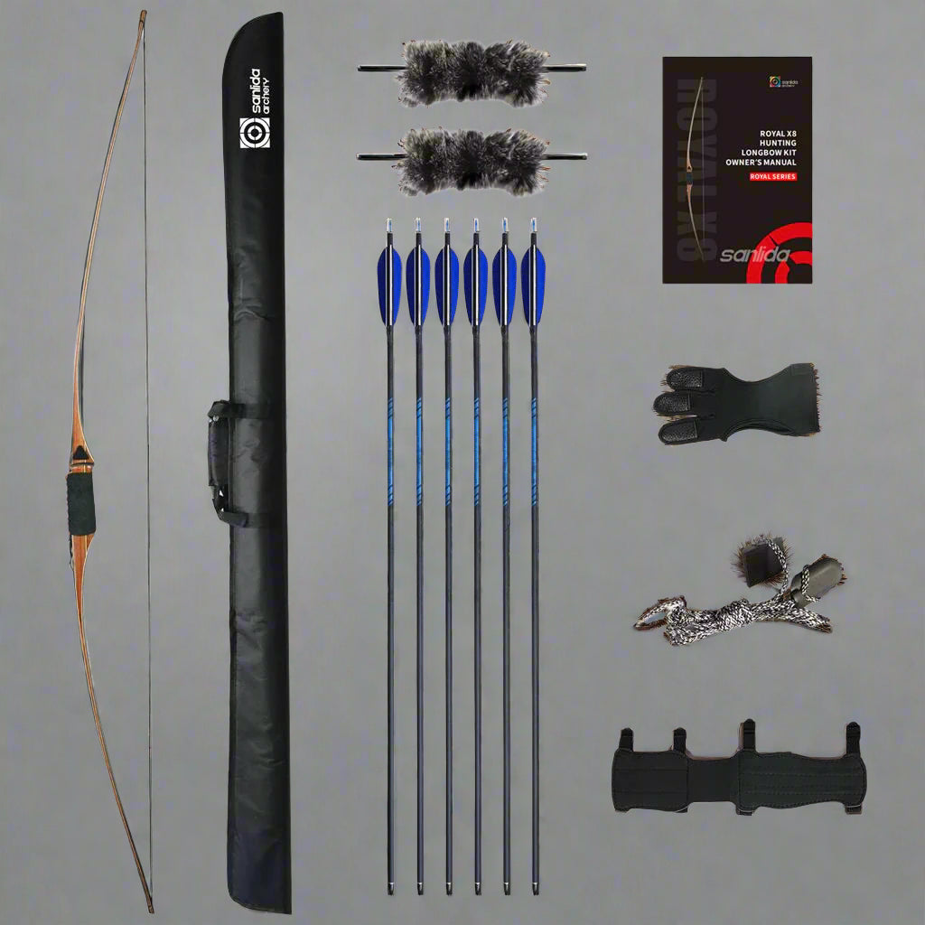 Archery set with bow, arrows, quiver, and accessories on a white background