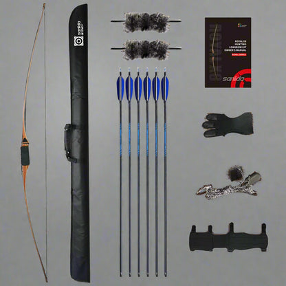 Archery set with bow, arrows, quiver, and accessories on a white background